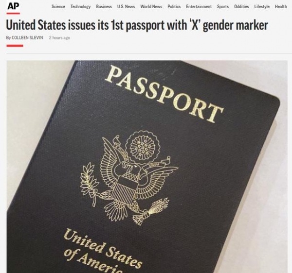 法媒美国国务院签发第一本x性别护照分不清男女用x标记