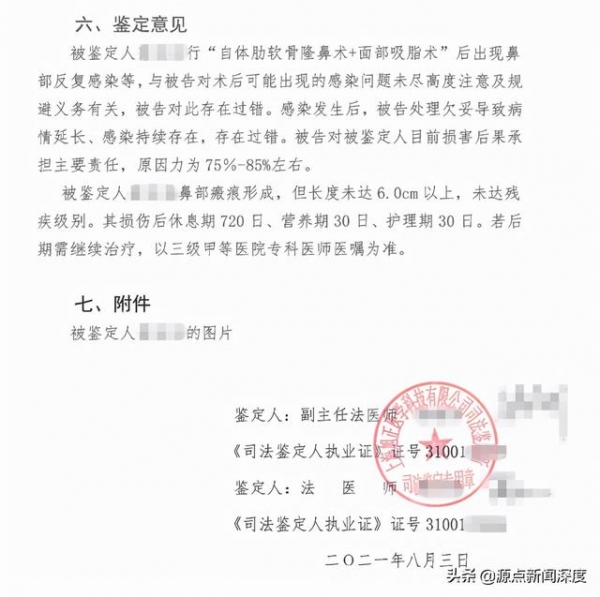 8月3日,该所出具司法鉴定意见书称,被鉴定人章玫行自体肋软骨隆鼻术