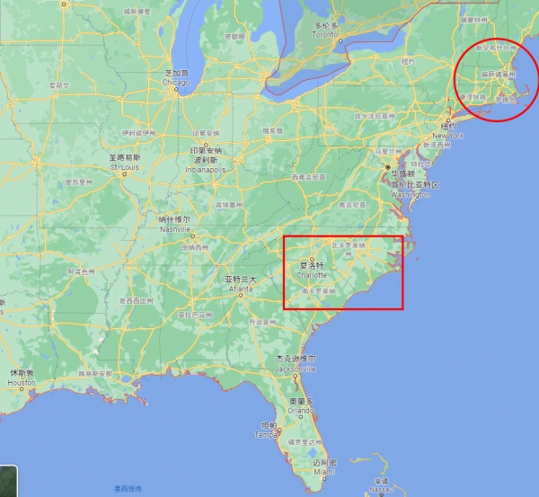 红圈处为新英格兰地区,红框处为南北卡罗来纳州,谷歌地图截图美国东北