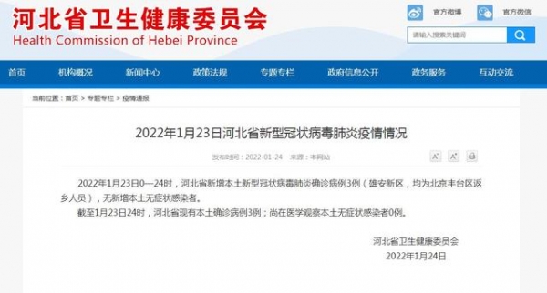 2022年1月23日0—24时,河北省新增本土新型冠状病毒肺炎确诊病例3例