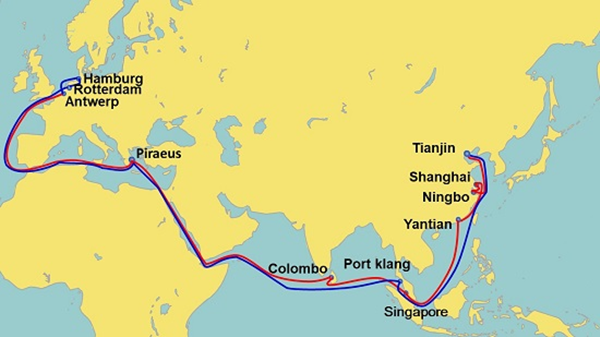 头程中国沿海港口到欧洲基本港的亚欧航线