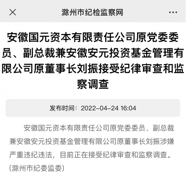 副总裁兼安徽安元投资基金管理有限公司原董事长刘振涉嫌严重违纪违法