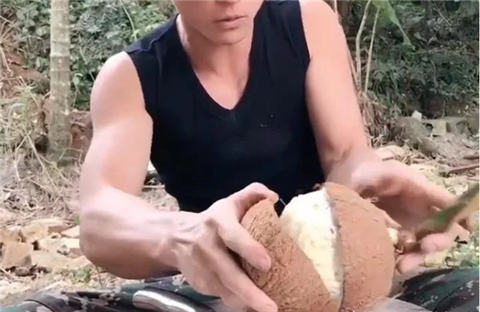 男子野外捡到长芽椰子，敲开椰子后，见到的一幕把他乐坏了！
