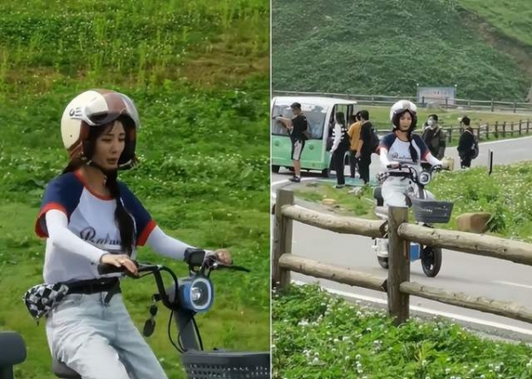 杨幂录节目骑电瓶车技术太差车子左右摇晃生怕翻车一脸害怕