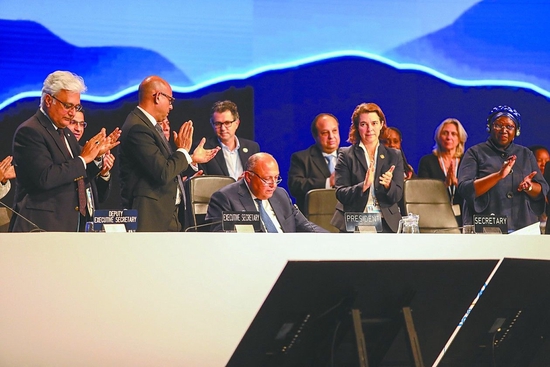 20日，COP27主席舒凯里在闭幕会上宣布达成全面气候协议。（法新社）