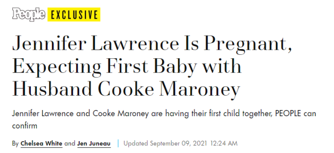“大表姐”詹妮弗·劳伦斯怀孕 将迎来和丈夫的第一个孩子
