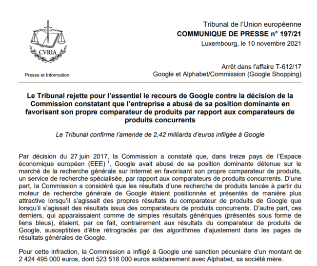 谷歌上诉欧盟24亿欧元反垄断罚金遭法庭驳回